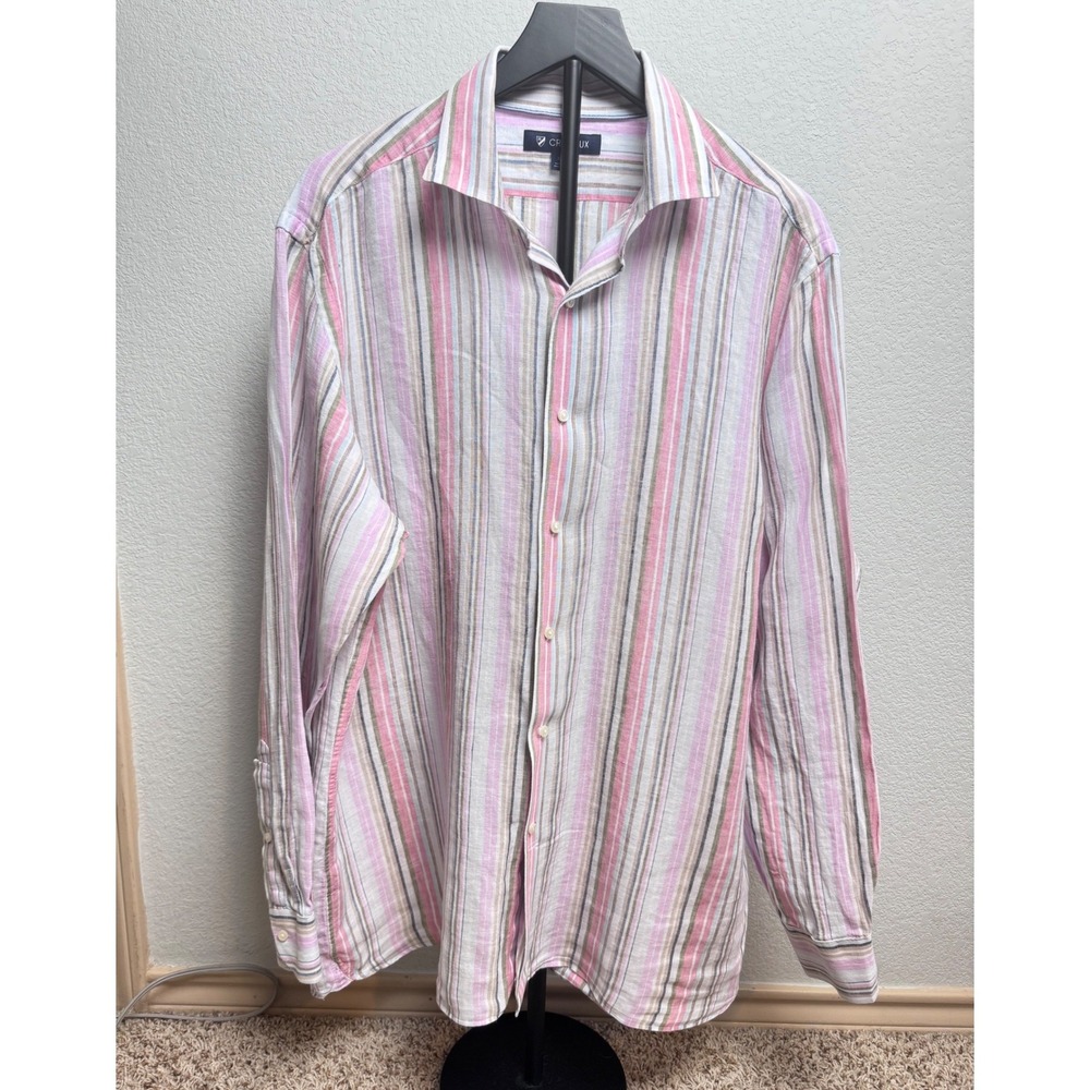 Cremieux Mens XL Linen Button Down Shirt Pink Purple Multi Stripe Long Sleeve